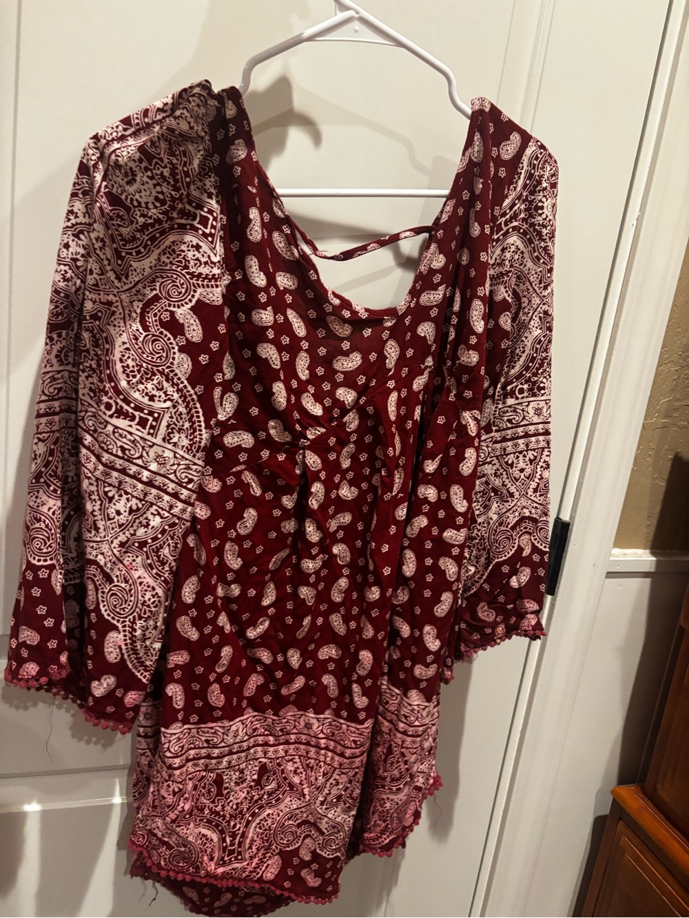 Women's Burgundy Paisley Midi Dress with Peasant Style